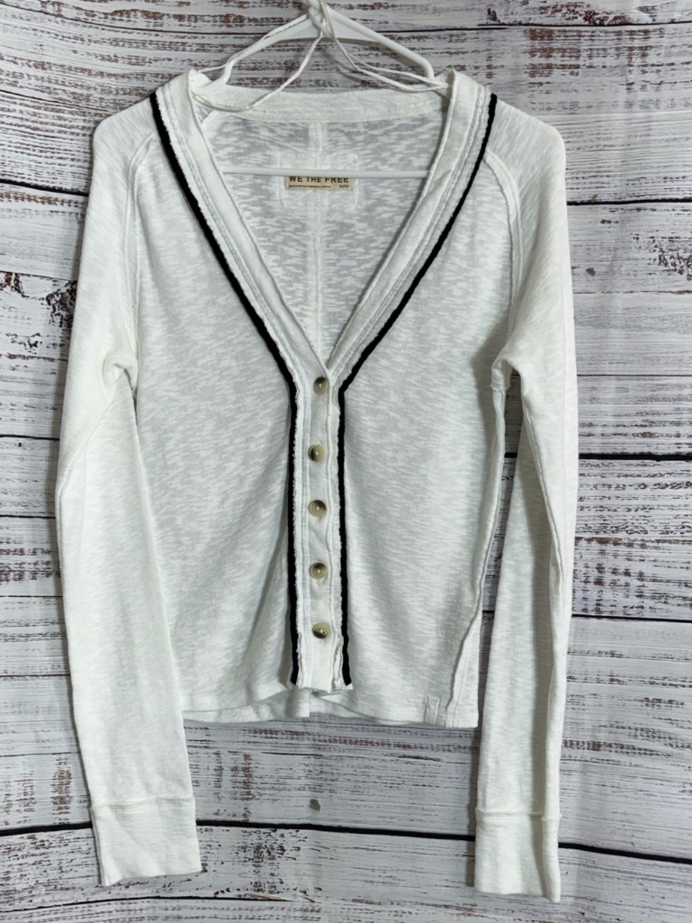 We The Free White Cardigan‎ Womens Size Medium Ribbed with Black Trim Detail